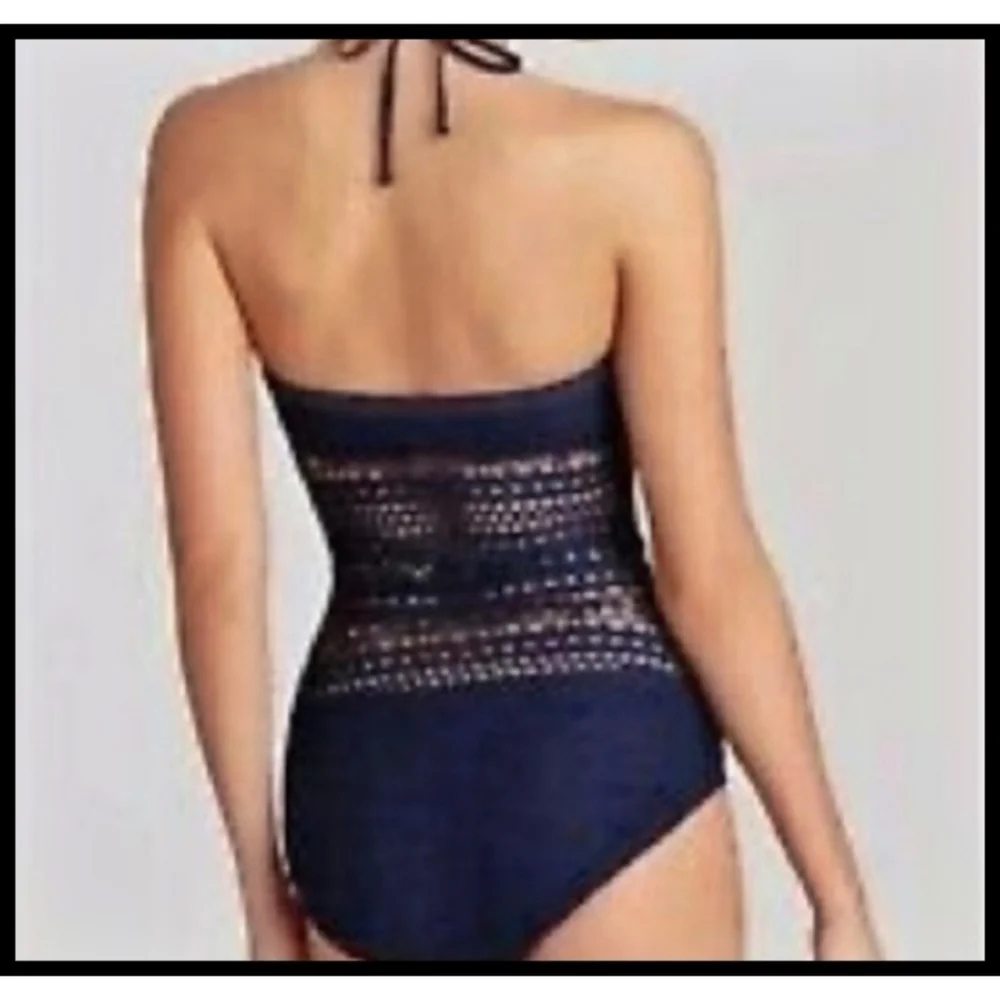 NWT Robin Piccone Penelope Crochet One Piece Swimsuit Halter Tie Blue 12 NEW